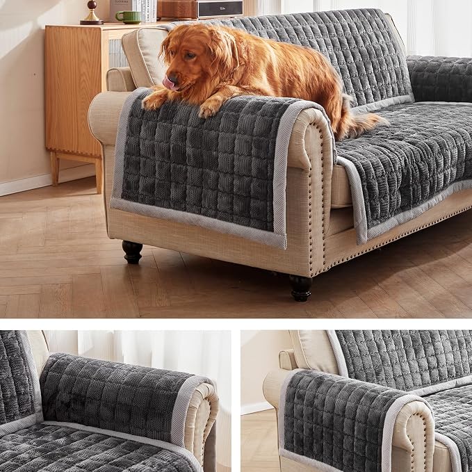 Couch Cover for Dogs Washable,Anti-Slip Back Cat Mat Pet Pad Blanket for Furniture Protector,Fuzzy Pet Sofa Cover for 3 Cushion Couch Sofa Pets Friendly (Dark Gray, 2pc/22"x28"-Arm/Backrest Cover)