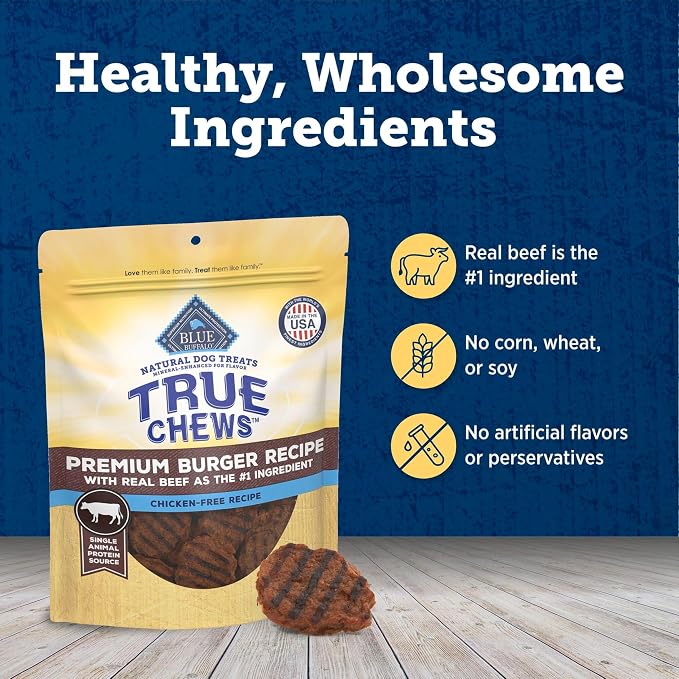Blue Buffalo True Chews Premium Burger Recipe, Chicken-Free Natural Dog Treats, Mineral-Enhanced for Flavor, 10 oz. Bag