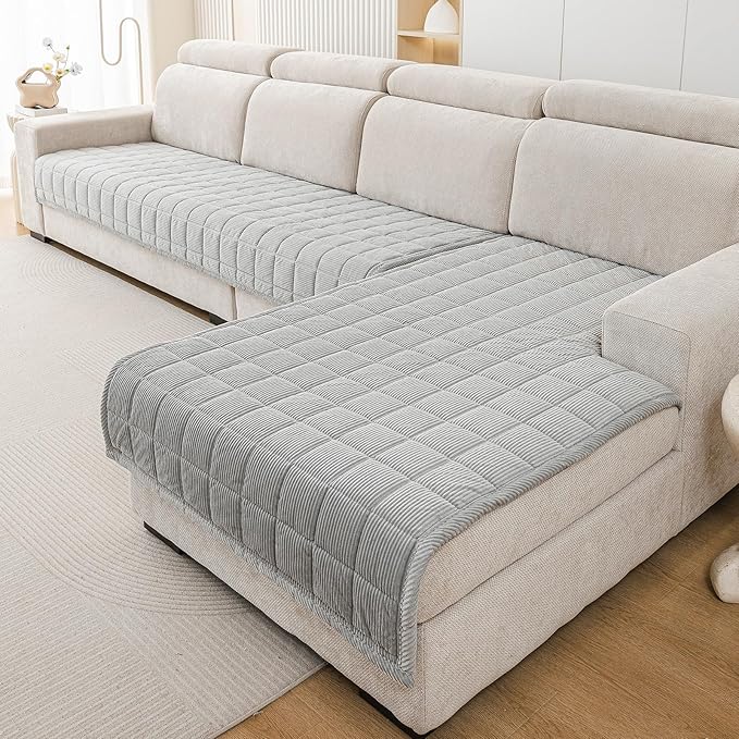 Velvet Couch Covers for Sectional Sofa Washable, Non-Slip L Shaped Sectional Couch Cover, Soft Pet Couch Covers for Sofa, Furniture Slipcovers for 2-3 Cushion Couch(1PC,35"x71",Light Grey)