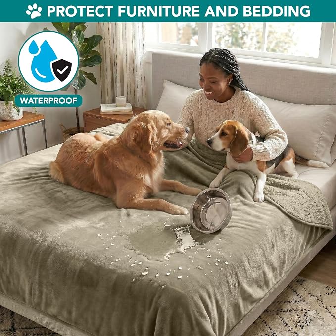 PetAmi Premium Waterproof Dog Blanket for Large Dogs, Reversible Sherpa & Flannel Fleece, Leakproof Pet Throw for Couch Protection, Soft Plush Furniture Protector for Cats, Washable, 60x80 Taupe