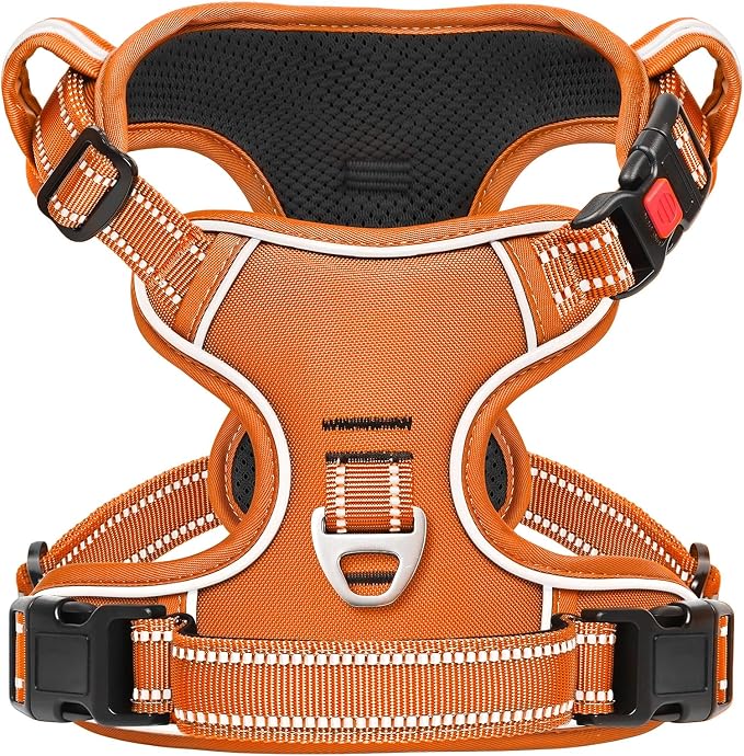 Timos Dog Harness Large Sized, No Pull Pet Harness with Neck Lockable Snap, No Choke Front Clip Reflective Vest, Adjustable Metal Rings 3 Buckles, Easy Control Handle for Large Dogs Pumpkin Orange L