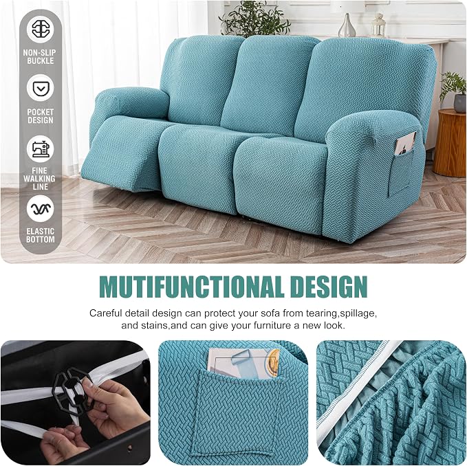 Genina Recliner Sofa Covers - Stretch Reclining Couch Covers with Stripe Jacquard - 3 Seat Cushion Slipcovers with Soft Fabric - Furniture Protector for Pet Kid (Light Blue)
