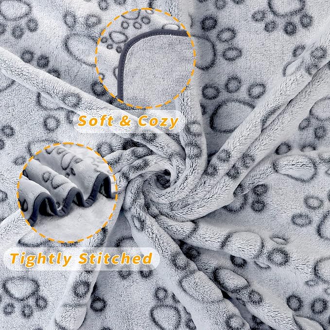 LOKOZ 1 Pack 3 Blankets Soft Fleece Dog Blanket for Puppies Small Dogs Kitten, Washable Flannel Cat Pet Blanket for Couches Bed, Cute Grey Paw Print Throw for Crate Carrier, 24"x32"