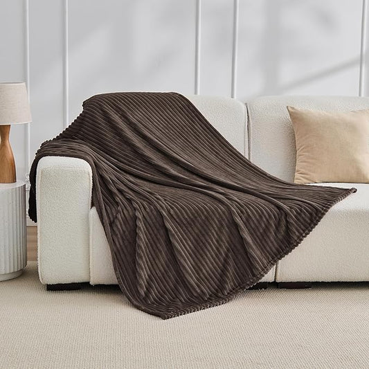 Bnuitland Brown Fleece Throw Blanket for Couch, 300GSM Soft Warm Cozy Fluffy Throw for Adults & Kids, Stripe Pattern 60"x80", All Season Sofa Bed Blanket for Home Decor