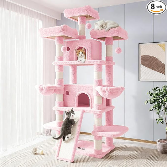 Allewie 82 Inches Large Cat Tree/House/XXL Tall Cat Towers for Big Feline/Scratching Post/Multi-Level Large Kitty Climbing Tree with Condo/Pink