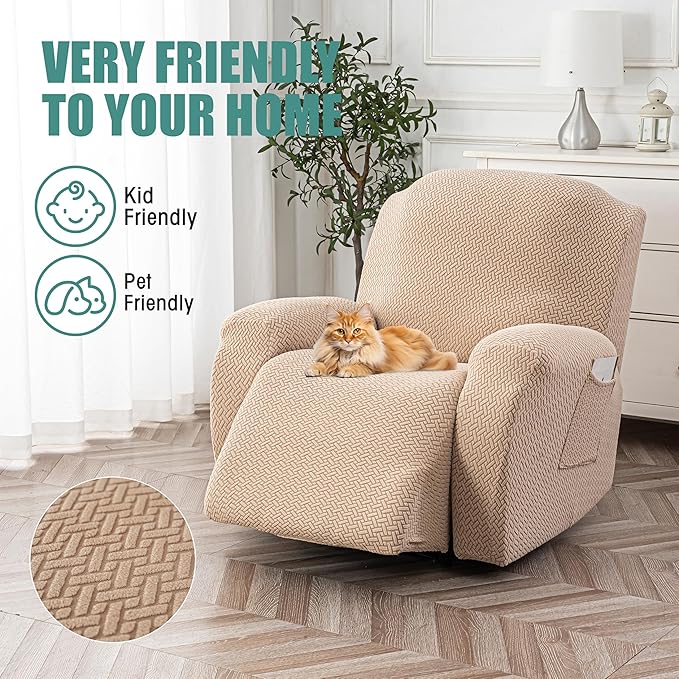 Genina Recliner Chair Cover, Stretch Reclining Chair Covers, Recliner Sofa Slipcovers Stripe Jacquard Lazy Couch Covers Furniture Protector Covers for Pet Kid (Khaki, 1 Seat)