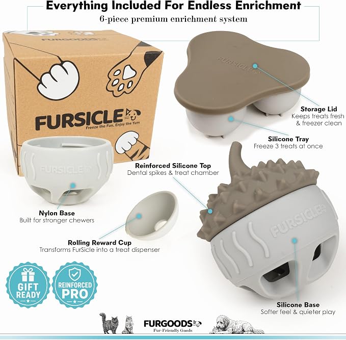 FURSICLE Reinforced Pro. Frozen Dog Treat Toy Ball | Interactive Enrichment Dispenser | Freezable Ice Licking Feeder Keeps Dogs Busy & Calm | Mental Stimulation & Boredom Buster