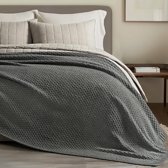 EVERGRACEHOME Chunky Polyester Knit Throw Blanket for Couch, Soft Luxurious Oversized King Moss Stitch Blanket for Bed, Large Cozy Farmhouse Knitted Throw for Sofa, Charcoal Gray, 108" x 92"
