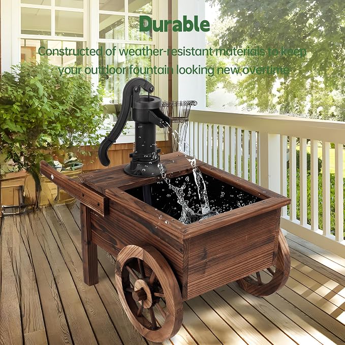 OIPRTGFJ Outdoor Water Fountain,Cute Floor Wooden Wagon Pump Old-Fashioned Fountain with Flower Box,Electric Decorative Hand Pump, Outdoor Water Feature for Garden Patio Backyard(Electric Wagon Pump)