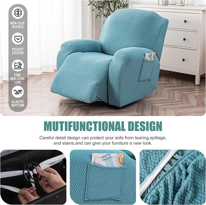 Genina Recliner Chair Cover, Stretch Reclining Chair Covers, Recliner Sofa Slipcovers Stripe Jacquard Lazy Couch Covers Furniture Protector Covers for Pet Kid (Light Blue, 1 Seat)