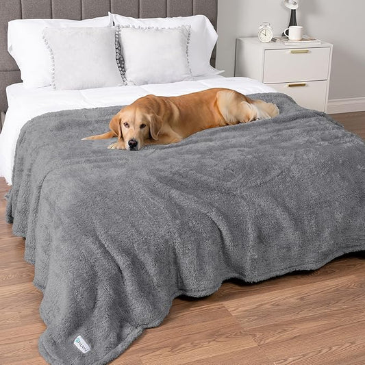 PetAmi Fluffy Waterproof Dog Blanket for Couch and Bed, Reversible Sherpa Pet Throw, Pee Proof Furniture Protector Sofa Cover, Washable Cat Blanket for Medium Large Dogs and Cats (Light Grey, 90x90)