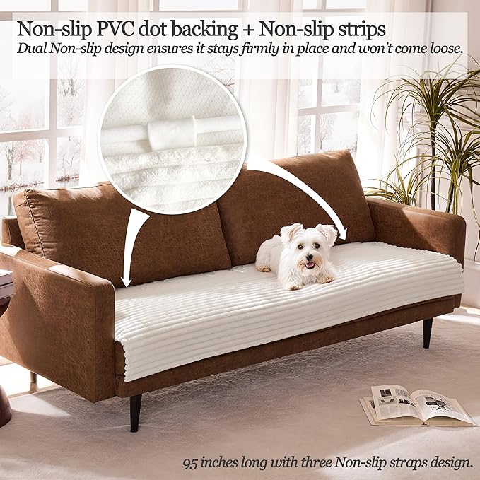 Dual Non-Slip Couch Cover for Dogs Waterproof, Fuzzy Soft Pet Couch Covers for Sofa 3 Cushion, Pet Friendly Soft Dog Bed Covers Sofa Cover Washable (White, 33" x 85" 1 Pack)