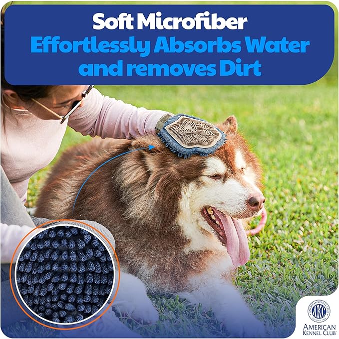 AKC - Dual-Sided Dog Grooming Glove with Silicone Bristles | Quick-Dry Towel | 2-in-1 Pet Grooming Tool for Bathing, Brushing, Shedding, Massaging & Coat Care for Small Medium & Large Dogs