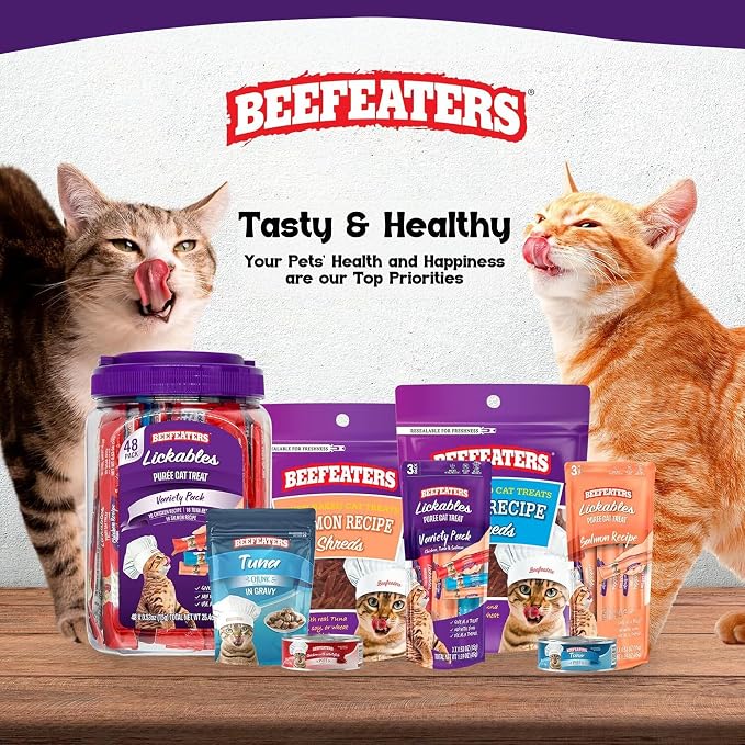 Beefeaters wet cat treats lickable 72 Count Puree Variety Pack - Salmon Tuna Chicken for Hydration & Training, Grain Free Taurine Enriched High Moisture, lickable cat treats squeeze up for Picky Eater