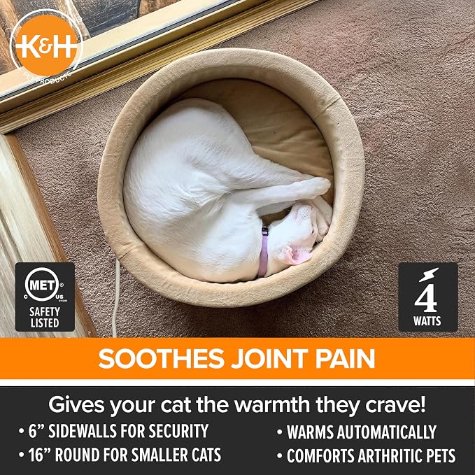 K&H Pet Products Heated Cat Bed for Indoor Cats, Dogs, and Pets - Round Walled Thermo-Kitty Bed with Removable Waterproof Cat Heating Pad, Machine Washable, MET Safety Listed - Small 16" Sage