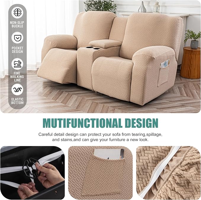 Genina Recliner Loveseat Covers with Console, Stretch Reclining Sofa Covers, 2 Seater Couch Cushion Stripe Jacquard Recliner Slipcovers - Furniture Protector Covers for Pet(Khaki)