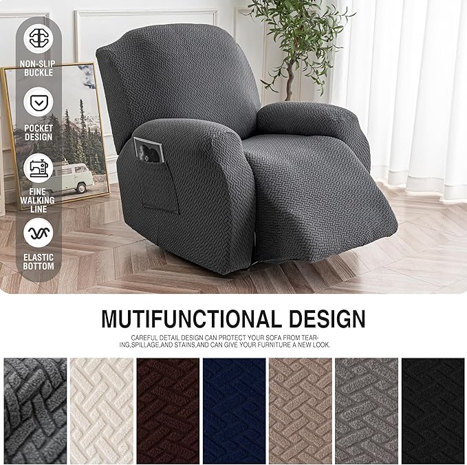 Genina Recliner Chair Cover, Stretch Reclining Chair Covers, Recliner Sofa Slipcovers Stripe Jacquard Lazy Couch Covers Furniture Protector Covers for Pet Kid (1 Seater, Dark Gray)