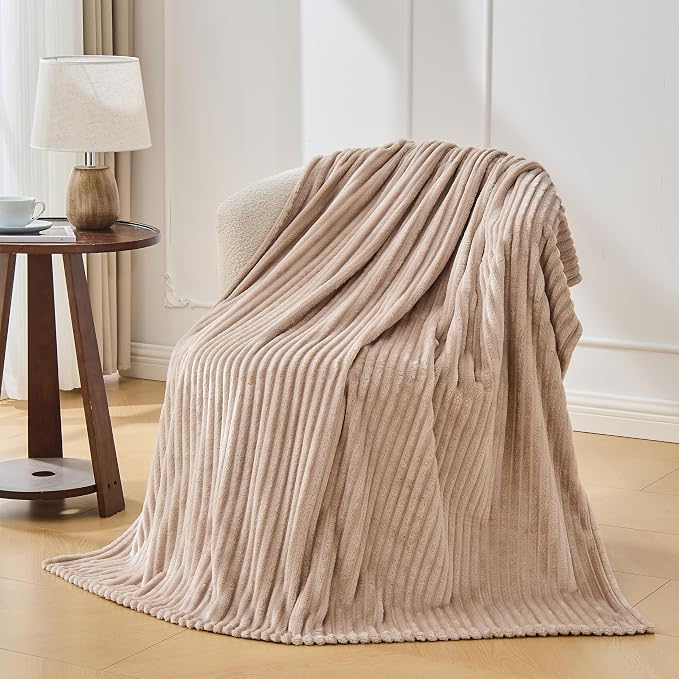 Bnuitland Fleece Throw Blanket, 300GSM Soft Warm Cozy Fluffy Throw for Babys & Pets, Stripe Pattern, All Season Sofa Bed Blanket for Home Decor, Light Camel 50"x70"