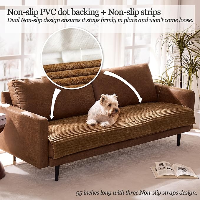 Dual Non-Slip Couch Cover for Dogs Waterproof, Fuzzy Soft Pet Couch Covers for Sofa 3 Cushion, Pet Friendly Soft Dog Bed Covers Sofa Cover Washable (Coconut, 33" x 75" 1 Pack)