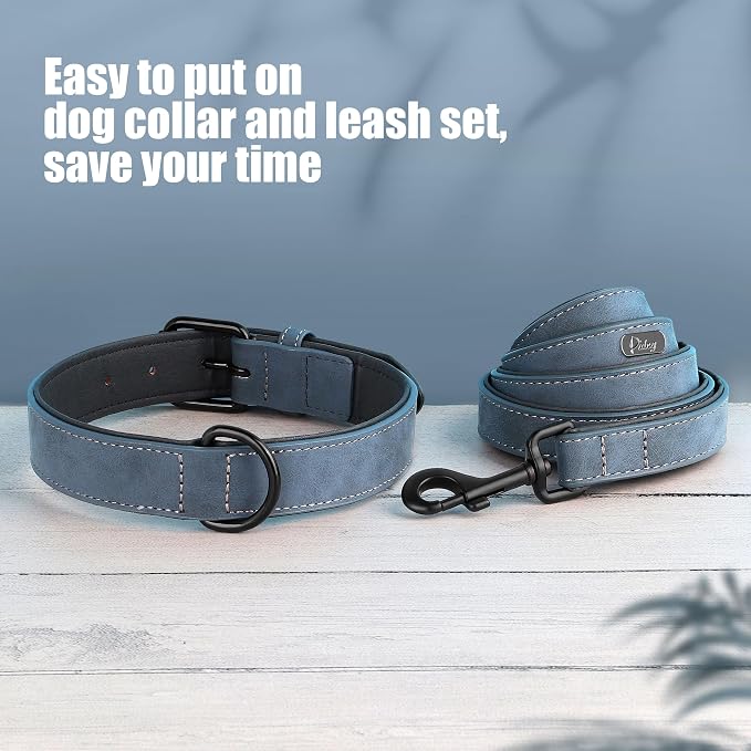 Didog Soft Padded Leather Dog Collar and Leash Set, Adjustable Dog Leash and Collar Set with Metal Buckle, Breathable Dog Collars with 4FT PU Leather Dog Leash for Medium Large Dogs, Blue, L
