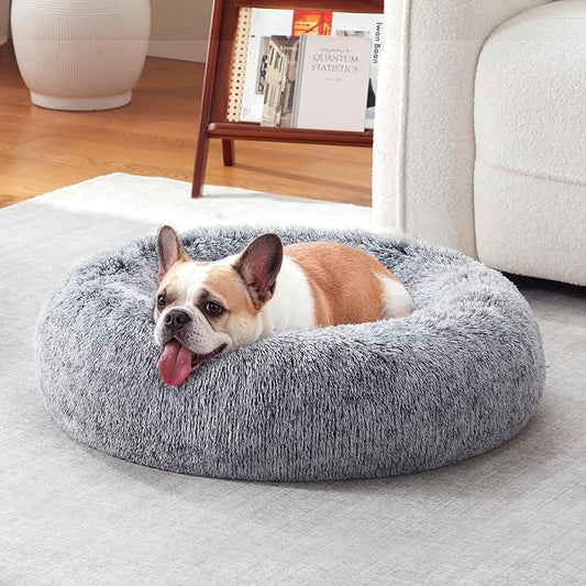 Donut Dog Bed Medium Size Dog, Round Cat Beds for Small Medium Dogs and Cats with Washable Fluffy Faux Fur, Cute Comfort Pet Bed with Anti-Slip Bottom, Grey, 20"