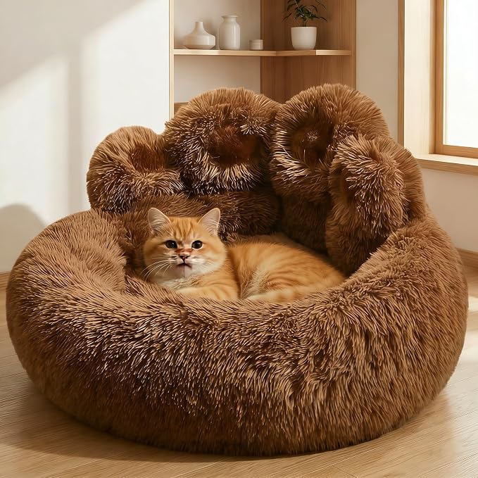 Cat Paw Shaped Cat Bed, Long Plush Calming Cat Bed for Indoor Cats, Washable Pet Bed with Anti-Slip Bottom, Soft Cozy Bed for Small Medium Large Cats & Dogs (Brown, Large)