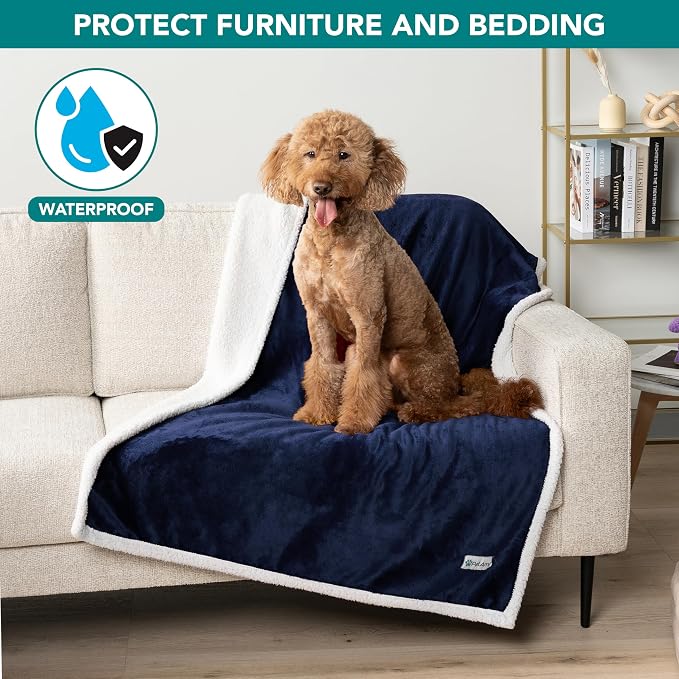 PetAmi Waterproof Dog Blanket for Couch, Large 60x40, Pee Proof Sherpa Fleece Reversible Pet Throw, Furniture Protector for Bed Sofa Kennel, Soft Washable Cover for Medium Dogs Cats, Navy Blue