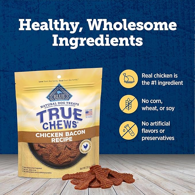 Blue Buffalo True Chews Dog Treats, Made in the USA with Natural Ingredients, Chicken Bacon Recipe, 22-oz Bag, (Pack of 4)