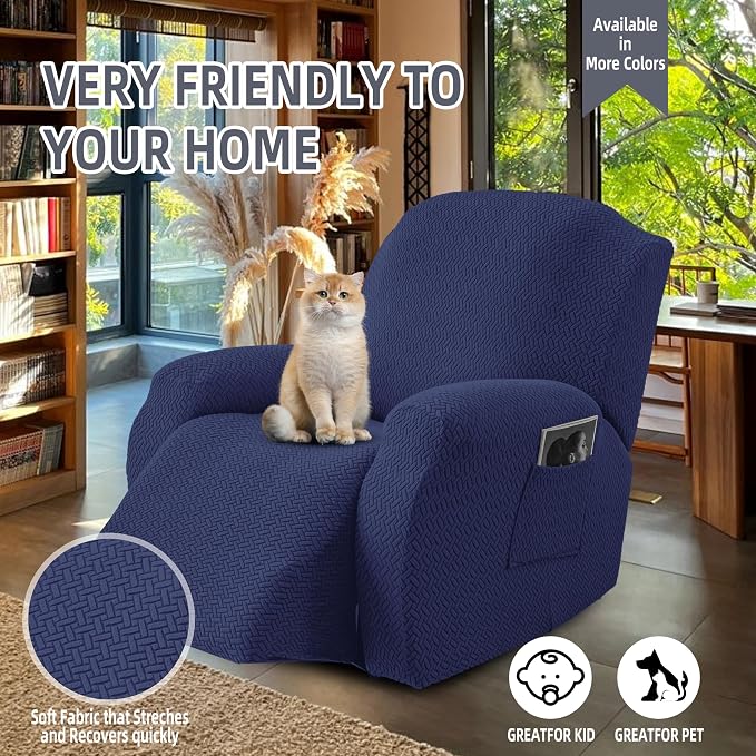 Genina Recliner Chair Covers, Stretch Reclining Chair Cover, Recliner Sofa Slipcovers Stripe Jacquard Lazy Couch Covers Furniture Protector Covers for Pet Kid (Navy Blue, 1 Seat)