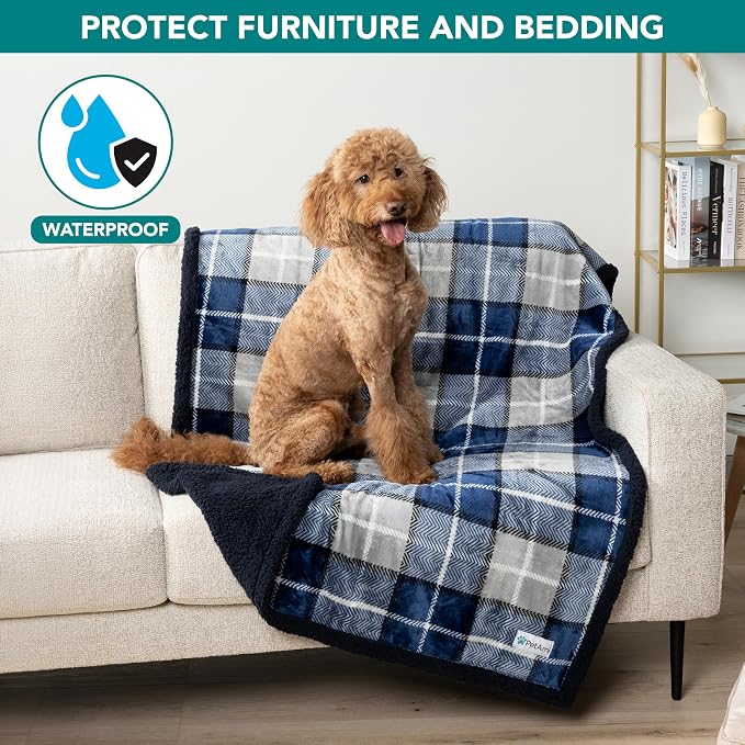 PetAmi Waterproof Dog Blanket for Couch, Large 60x40, Pee Proof Sherpa Fleece Reversible Pet Throw, Furniture Protector for Bed Sofa Kennel, Soft Washable Cover for Medium Dogs Cats, Plaid Blue