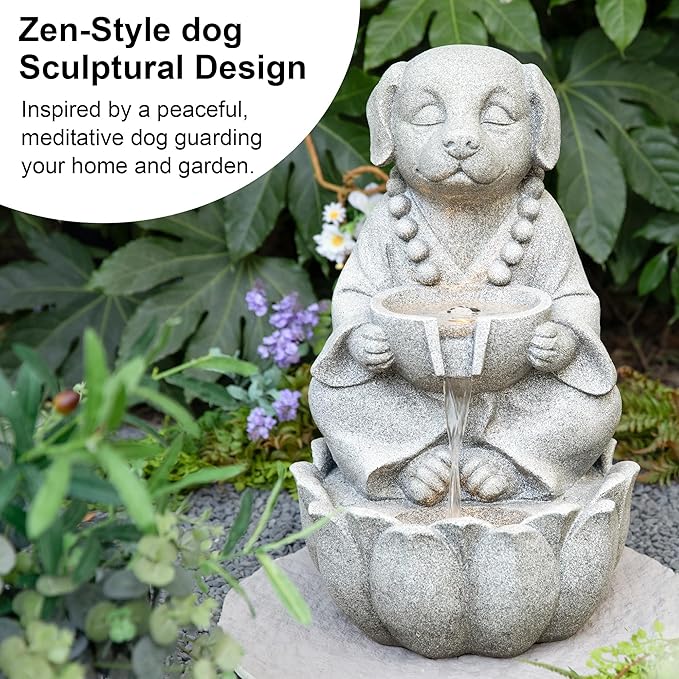 Glitzhome Water Fountain Outdoor, Outdoor Fountain with Lights&Pump, 22" H 2-Tiered Concrete Dog Statue Zen-Style Water Fountain Polyresin Water Feature for Home Patio Garden Backyard Decor