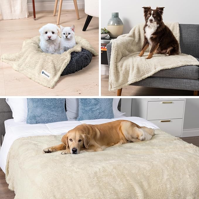 PetAmi Fluffy Waterproof Dog Blanket for Couch and Bed, Reversible Sherpa Pet Throw, Pee Proof Furniture Protector Sofa Cover, Washable Cat Blanket for Medium Large Dogs and Cats (Beige Cream, 60x80)