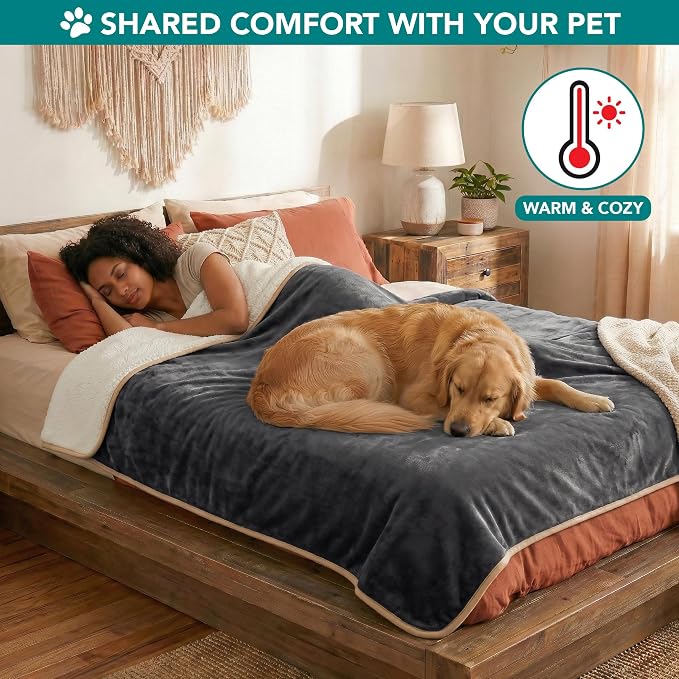PetAmi Premium Waterproof Dog Blanket for Large Dogs, Reversible Sherpa & Flannel Fleece, Leakproof Pet Throw for Couch Protection, Soft Plush Furniture Protector for Cats, Washable, 60x80 Grey/Beige