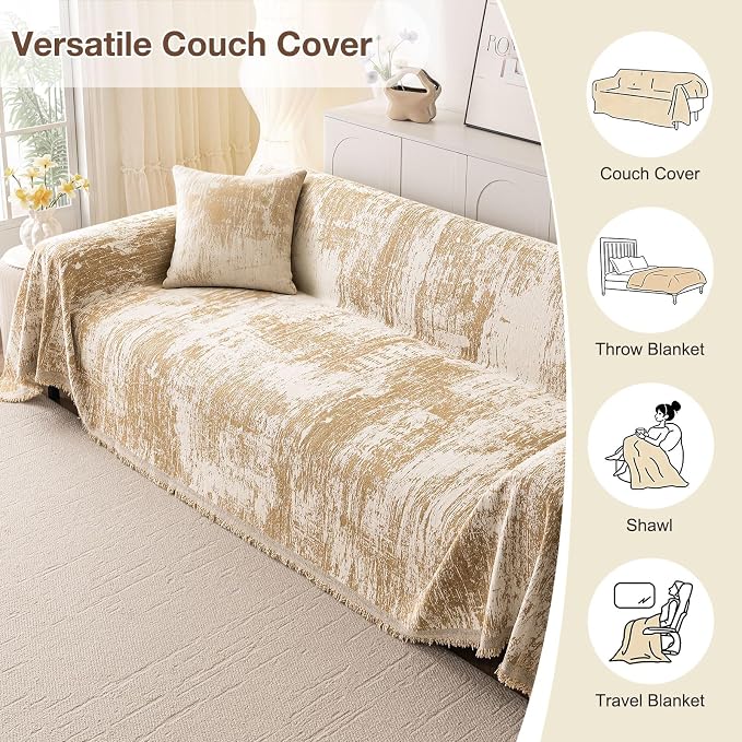 hyha Couch Cover for Dogs, Boho Sofa Covers for 3 Cushion Couch Washable, Chenille Sofa Slipcover for Pets, Soft Loveseat Sectional Couch Throw Blankets with Tassels (Khaki/White, 71x118 Inch)