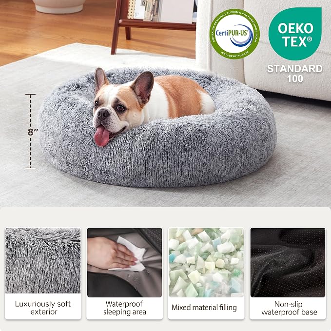 Donut Dog Bed Medium Size Dog, Round Cat Beds for Small Medium Dogs and Cats with Washable Fluffy Faux Fur, Cute Comfort Pet Bed with Anti-Slip Bottom, Grey, 24"