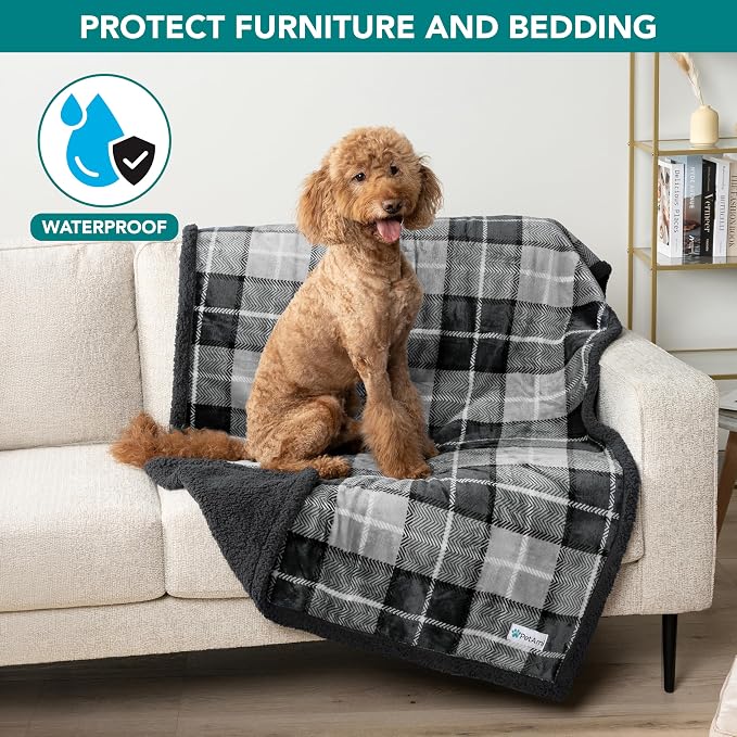 PetAmi Waterproof Dog Blanket for Couch, Large 60x40, Pee Proof Sherpa Fleece Reversible Pet Throw, Furniture Protector for Bed Sofa Kennel, Soft Washable Cover for Medium Dogs Cats, Plaid Dark Grey