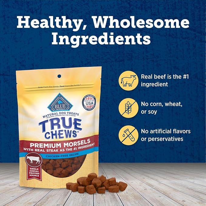 Blue Buffalo True Chews Premium Morsels Dog Treats, Made in The USA with Natural Ingredients, Steak, 10-oz Bag (Pack of 6)