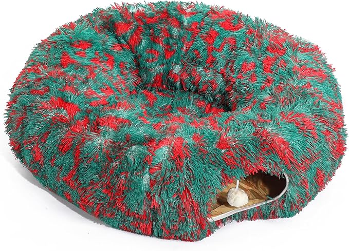 Warm Fluffy Plush Cat Tunnel Bed Under Christmas Tree Big Tube Playground Toys 3 FT Diameter Longer Crinkle Collapsible 3 Way, for Indoor Cat Kitty Kitten Puppy Rabbit Ferret Green-Red