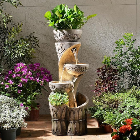 4 Tiered Water Fountain Outdoor, 35.6" Tall Cascading Bowl Leaf Carved Outdoor Waterfall Fountains Modern Water Feature with Dual Planters for Garden, Patio,Deck, Yard, Indoor Decor