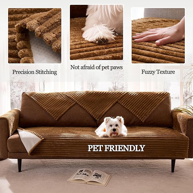 Dual Non-Slip Couch Cover for Dogs Waterproof, Fuzzy Soft Pet Couch Covers for Sofa 3 Cushion, Pet Friendly Soft Dog Bed Covers Sofa Cover Washable (Coconut, 33" x 95" 1 Pack)