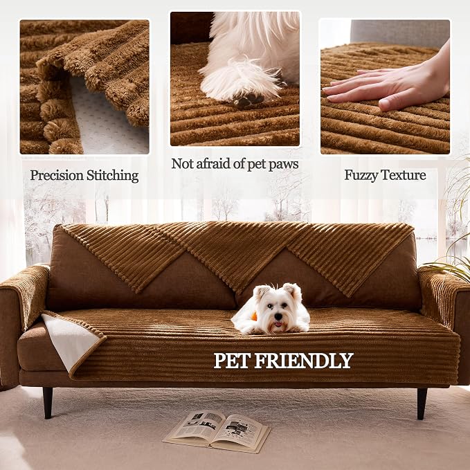 Dual Non-Slip Couch Cover for Dogs Waterproof, Fuzzy Soft Pet Couch Covers for Sofa 3 Cushion, Pet Friendly Soft Dog Bed Covers Sofa Cover Washable (Coconut, 33" x 75" 1 Pack)