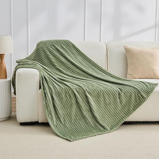 Bnuitland Sage Green Fleece Throw Blanket for Couch, 300GSM Soft Warm Cozy Fluffy Throw for Adults & Kids, Stripe Pattern 50"x60", All Season Sofa Bed Blanket for Home Decor