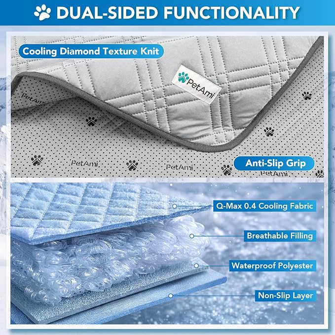 PetAmi Dog Cooling Mat, Waterproof Self Cooling Dog Pad with Non-Slip Backing, Q-Max >4.0 Pet Cooling Mat for Crate, Couch, Kennel & Car, Indoor Outdoor Summer Use, Light Grey, 60x80