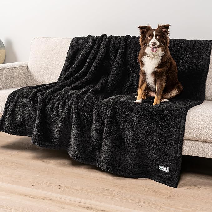 PetAmi Fluffy Waterproof Dog Blanket for Couch and Bed, Reversible Sherpa Pet Throw, Pee Proof Furniture Protector Sofa Cover, Washable Cat Blanket for Medium Large Dogs and Cats (Black, 60x80)