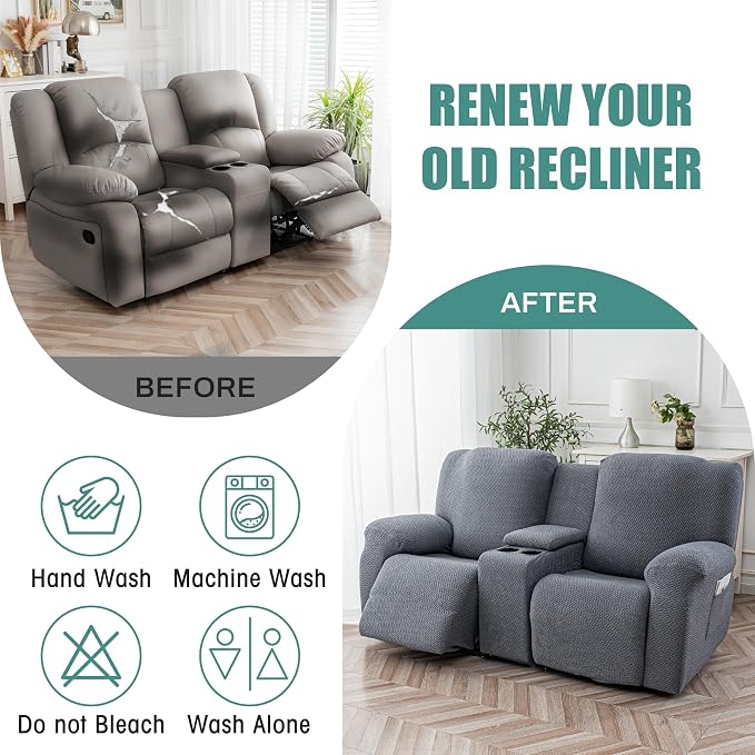 Genina Recliner Loveseat Covers with Console, Stretch Reclining Sofa Covers, 2 Seater Couch Cushion Stripe Jacquard Recliner Slipcovers - Furniture Protector Covers for Pet Kid (Dark Gray)
