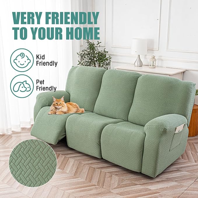 Genina Recliner Sofa Covers - Stretch Reclining Couch Covers with Stripe Jacquard - 3 Seat Cushion Slipcovers with Soft Fabric - Furniture Protector for Pet Kid (Matcha Green)