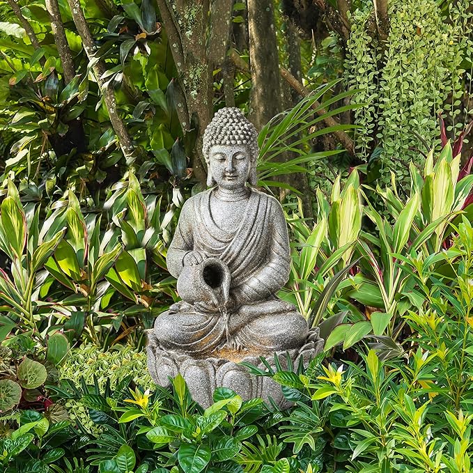 Glitzhome Buddha Fountain Outdoor 20.5" H, 2-Tier Zen Style Concrete Meditating Buddha Statues Water Fountains with Pump & LED Light, Buddhas Floor Fountains Sculpture for Garden Patio Backyard