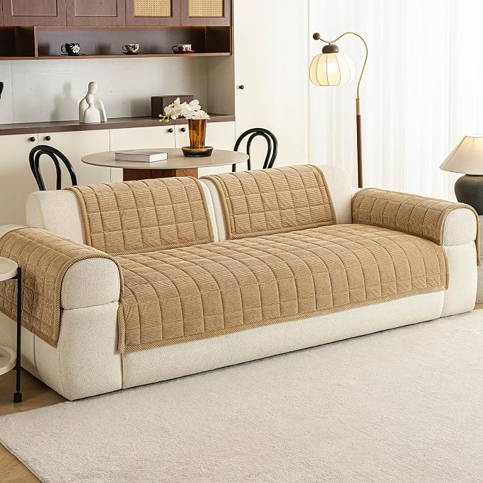 Velvet Couch Covers for Sectional Sofa Washable, Non-Slip L Shaped Sectional Couch Cover, Soft Pet Couch Covers for Sofa, Furniture Slipcovers for 2-3 Cushion Couch(1PC,35"x71",Light Brown)