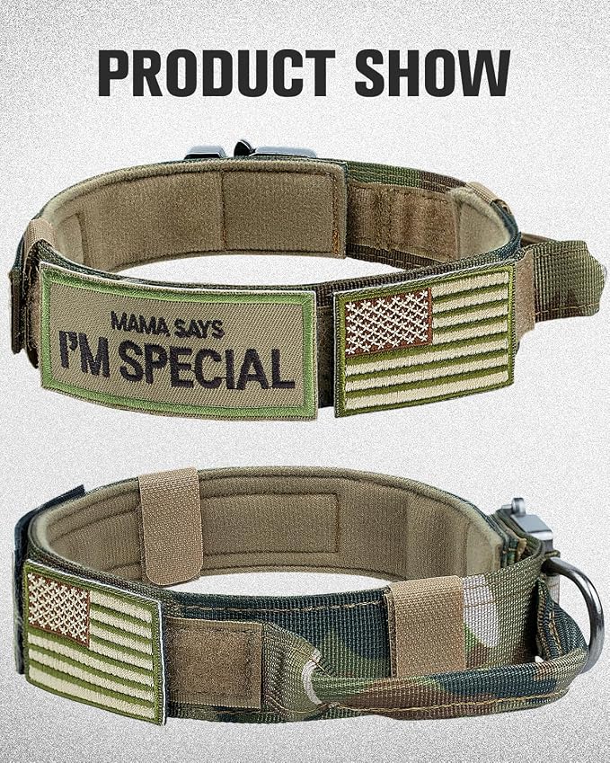 Joytale Tactical Dog Collar with Handle and Metal Buckle, Heavy Duty Padded Military Collar with 2 Patches for Training, Adjustable for Medium Dogs, Camouflage, M