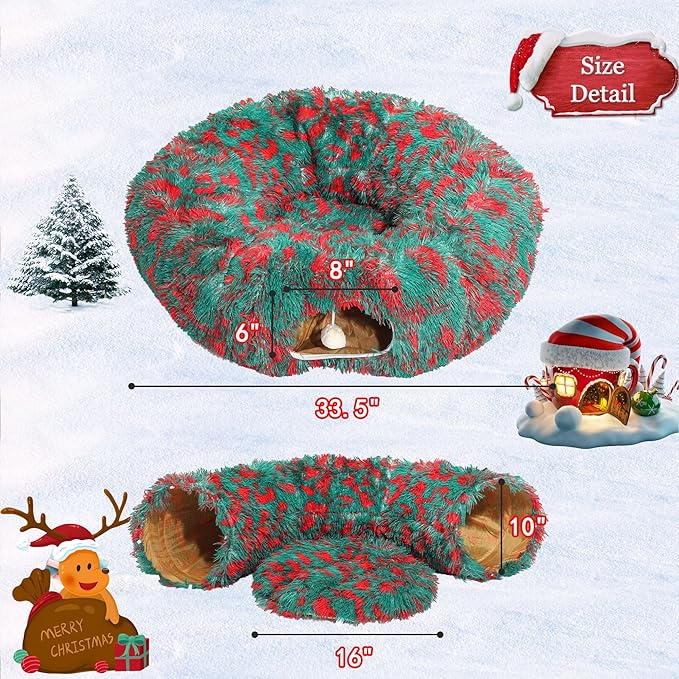 Warm Fluffy Plush Cat Tunnel Bed Under Christmas Tree Big Tube Playground Toys 3 FT Diameter Longer Crinkle Collapsible 3 Way, for Indoor Cat Kitty Kitten Puppy Rabbit Ferret Green-Red
